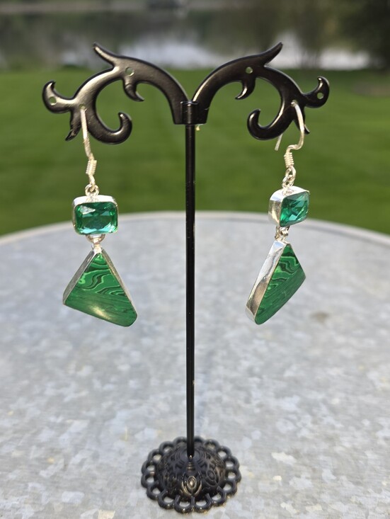 Malachite & Chrome Diopside Art Deco Earrings In 925 Sterling Silver (2.5\